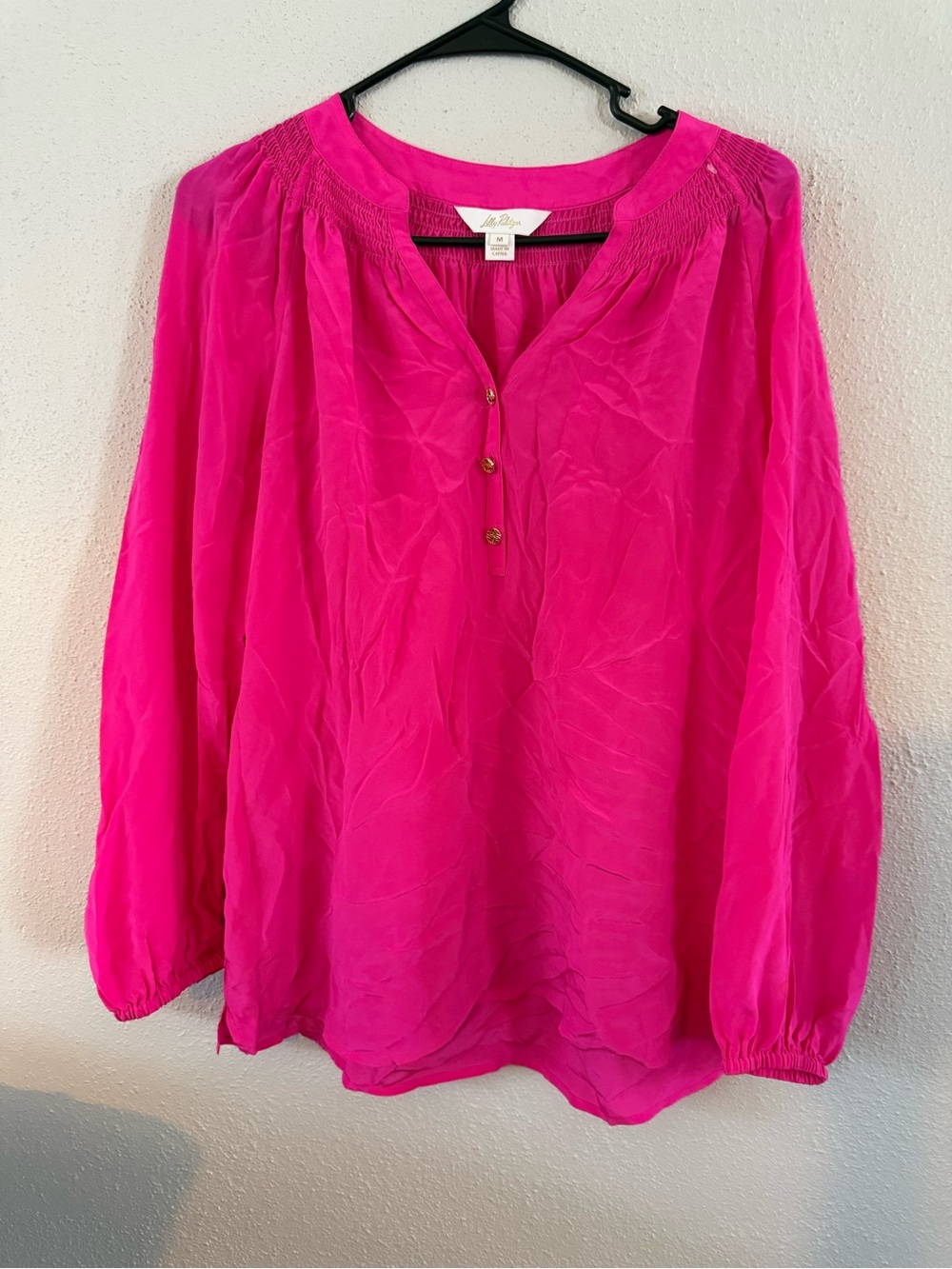 (M) Lilly Pulitzer Bright Fuchsia Button-Front Peasant Blouse